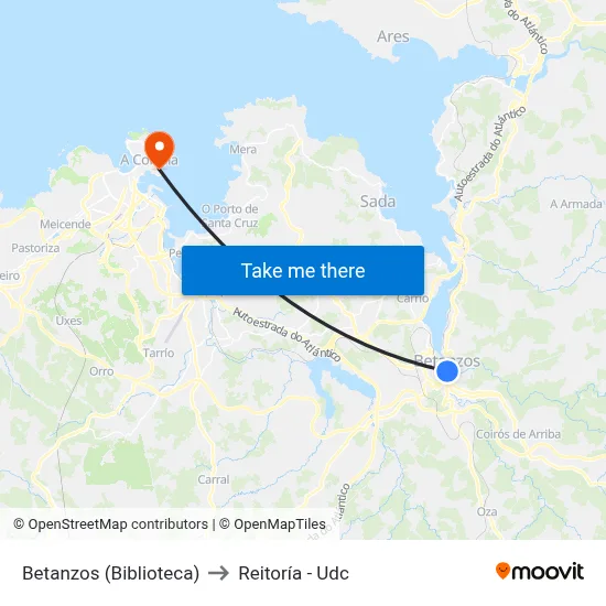 Betanzos (Biblioteca) to Reitoría - Udc map