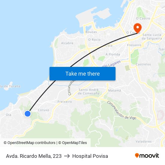 Avda. Ricardo Mella, 223 to Hospital Povisa map