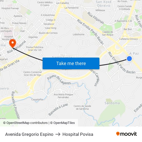 Avenida Gregorio Espino to Hospital Povisa map