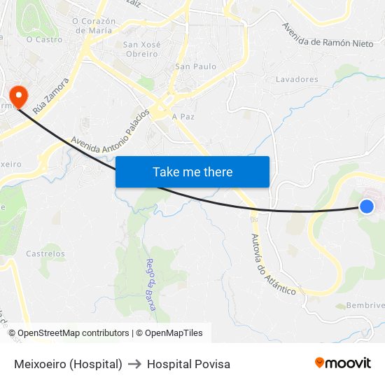 Meixoeiro (Hospital) to Hospital Povisa map