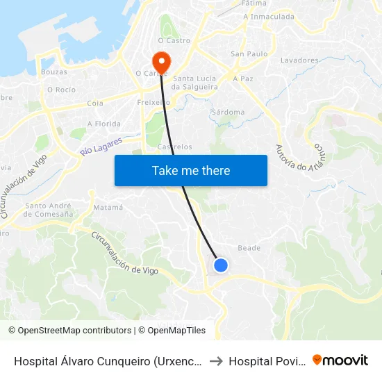Hospital Álvaro Cunqueiro (Urxencias) to Hospital Povisa map