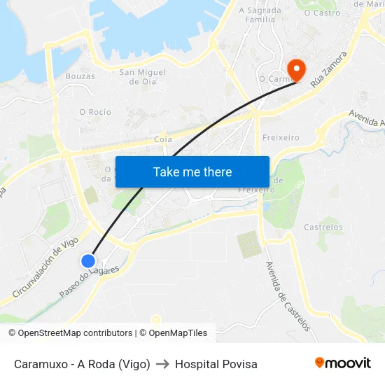 Caramuxo - A Roda (Vigo) to Hospital Povisa map