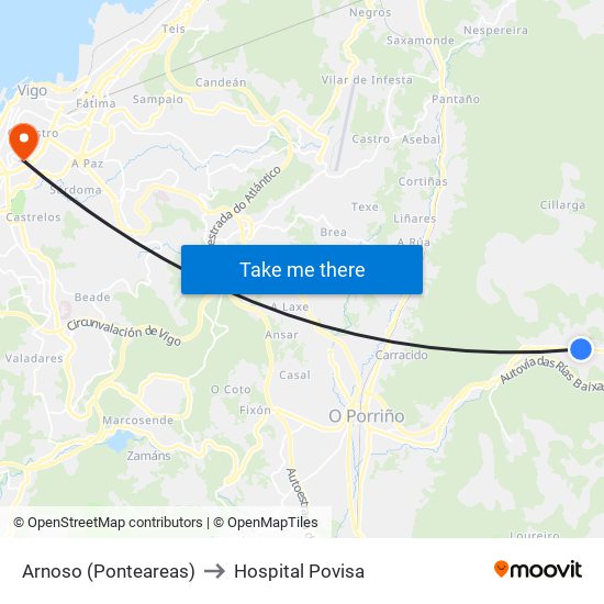 Arnoso (Ponteareas) to Hospital Povisa map