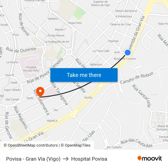 Povisa - Gran Vía (Vigo) to Hospital Povisa map