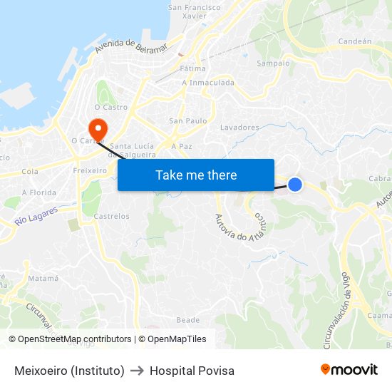 Meixoeiro (Instituto) to Hospital Povisa map