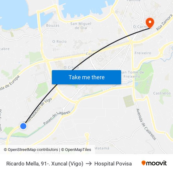 Ricardo Mella, 91-. Xuncal (Vigo) to Hospital Povisa map