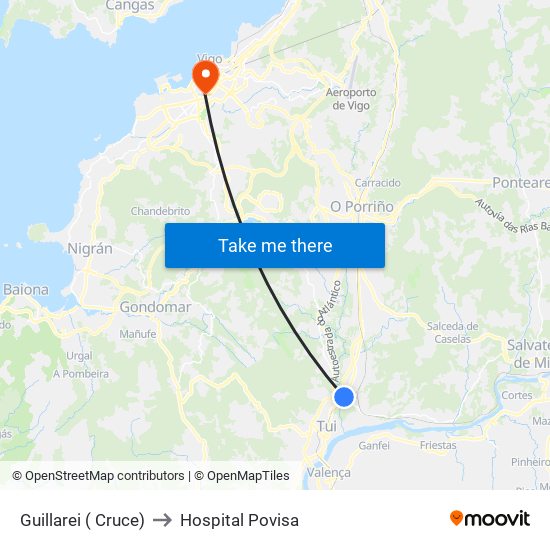 Guillarei ( Cruce) to Hospital Povisa map