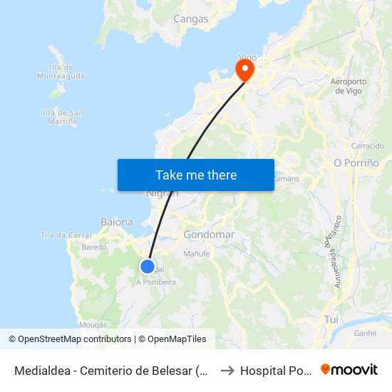 Medialdea - Cemiterio de Belesar (Baiona) to Hospital Povisa map