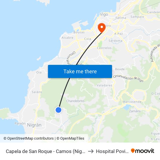 Capela de San Roque - Camos (Nigrán) to Hospital Povisa map