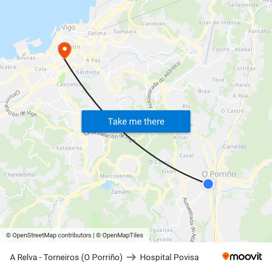 A Relva - Torneiros (O Porriño) to Hospital Povisa map