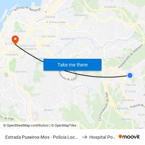 Estrada Puxeiros-Mos - Policía Local (Mos) to Hospital Povisa map