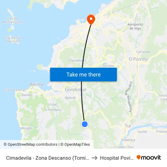 Cimadevila - Zona Descanso (Tomiño) to Hospital Povisa map