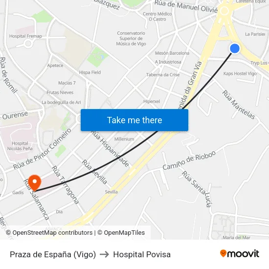 Praza de España (Vigo) to Hospital Povisa map