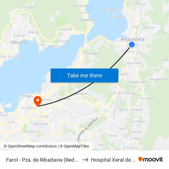 Farol - Pza. de Ribadavia (Redondela) to Hospital Xeral de Vigo map