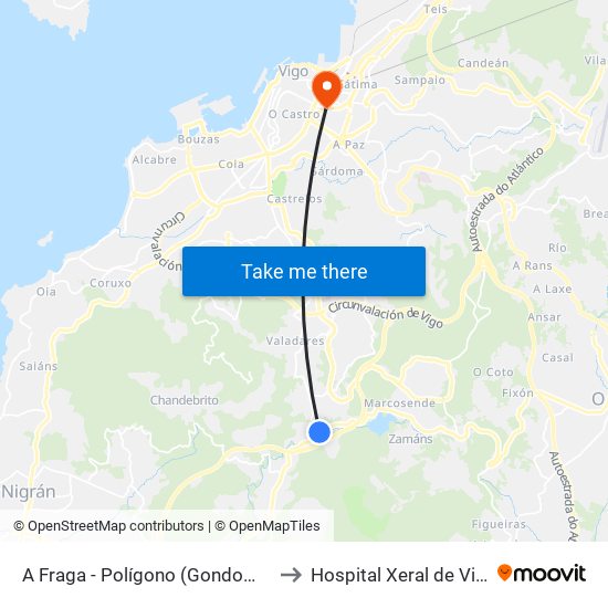 A Fraga - Polígono (Gondomar) to Hospital Xeral de Vigo map