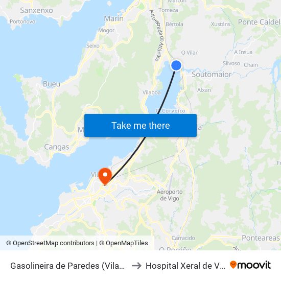 Gasolineira de Paredes (Vilaboa) to Hospital Xeral de Vigo map