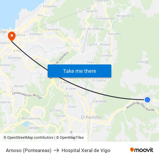 Arnoso (Ponteareas) to Hospital Xeral de Vigo map