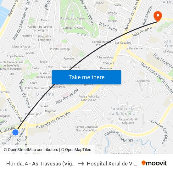 Florida, 4 - As Travesas (Vigo) to Hospital Xeral de Vigo map