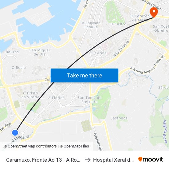 Caramuxo, Fronte Ao 13 - A Roda (Vigo) to Hospital Xeral de Vigo map