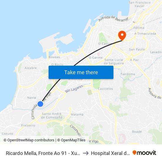 Ricardo Mella, Fronte Ao 91 - Xuncal (Vigo) to Hospital Xeral de Vigo map