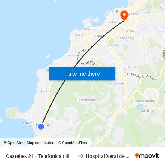 Praia América - Telefónica (Nigrán) to Hospital Xeral de Vigo map