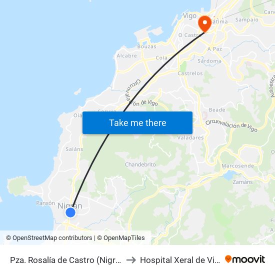 Pza. de Rosalía de Castro (Nigrán) to Hospital Xeral de Vigo map