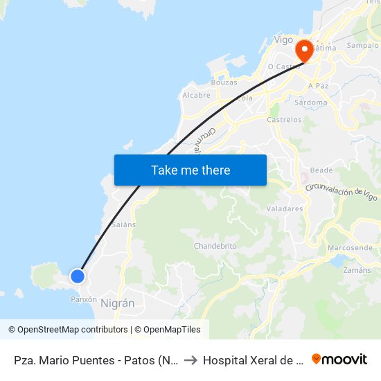 Pza. Mario Puentes - Patos (Nigrán) to Hospital Xeral de Vigo map