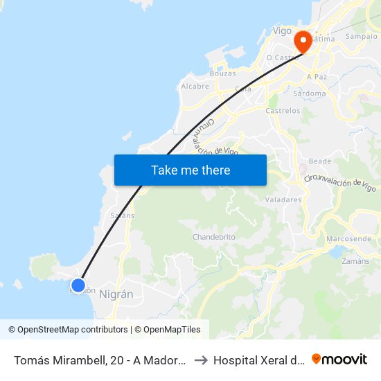 Tomás Mirambell, 20 - A Madorra (Nigrán) to Hospital Xeral de Vigo map