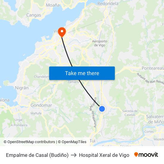 Empalme de Casal (Budiño) to Hospital Xeral de Vigo map