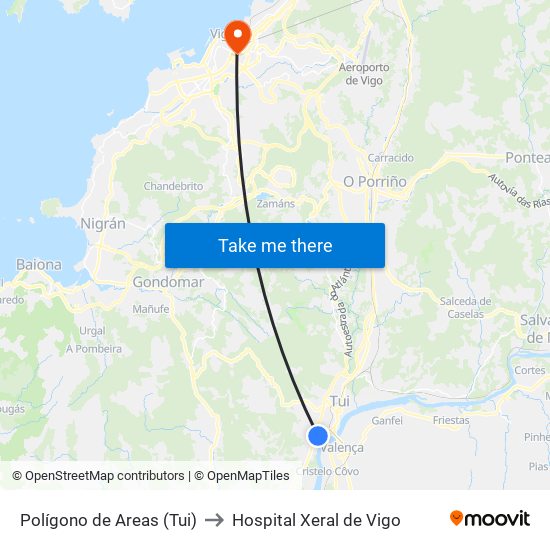 Polígono de Areas (Tui) to Hospital Xeral de Vigo map