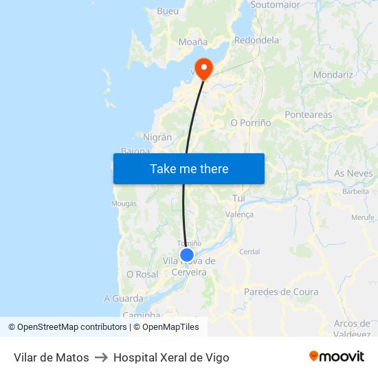 Vilar de Matos (Tomiño) to Hospital Xeral de Vigo map