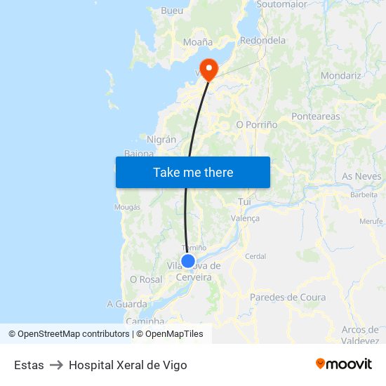 A Granxola - Estás (Tomiño) to Hospital Xeral de Vigo map