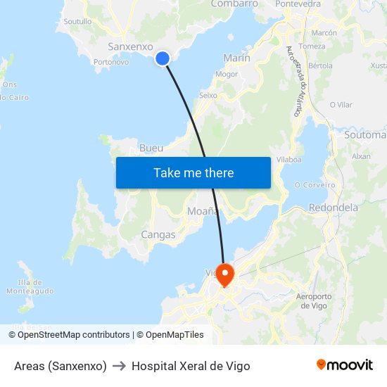 Areas (Sanxenxo) to Hospital Xeral de Vigo map