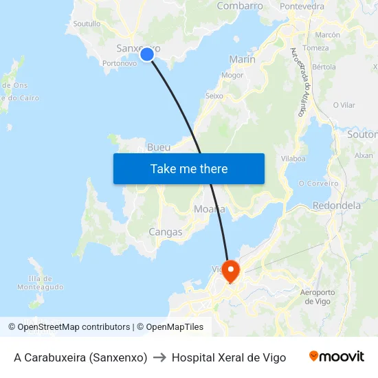 A Carabuxeira (Sanxenxo) to Hospital Xeral de Vigo map