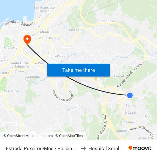 Estrada Puxeiros-Mos - Policía Local (Mos) to Hospital Xeral de Vigo map