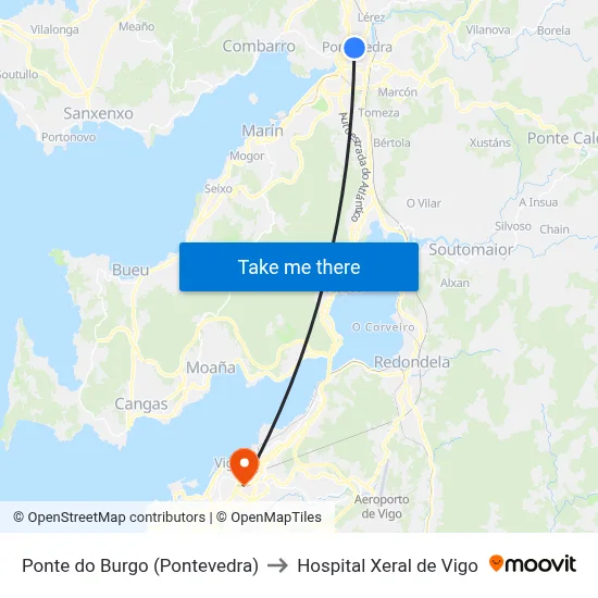 Ponte do Burgo (Pontevedra) to Hospital Xeral de Vigo map