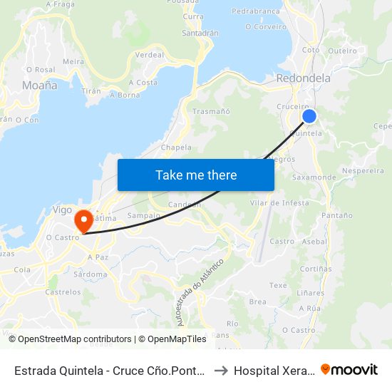 Estrada Quintela - Cruce Cño.Ponteareas (Redondela) to Hospital Xeral de Vigo map