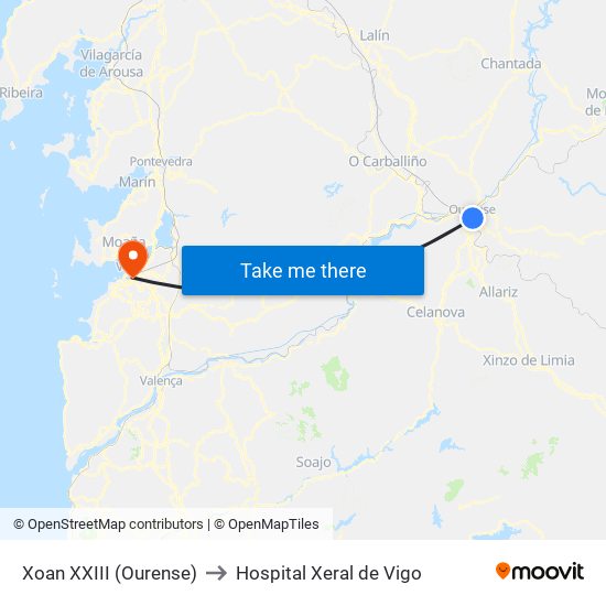 Xoan XXIII (Ourense) to Hospital Xeral de Vigo map