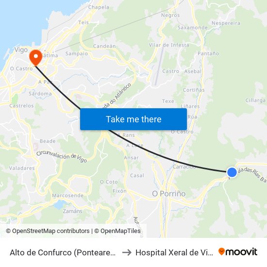 Alto de Confurco (Ponteareas) to Hospital Xeral de Vigo map