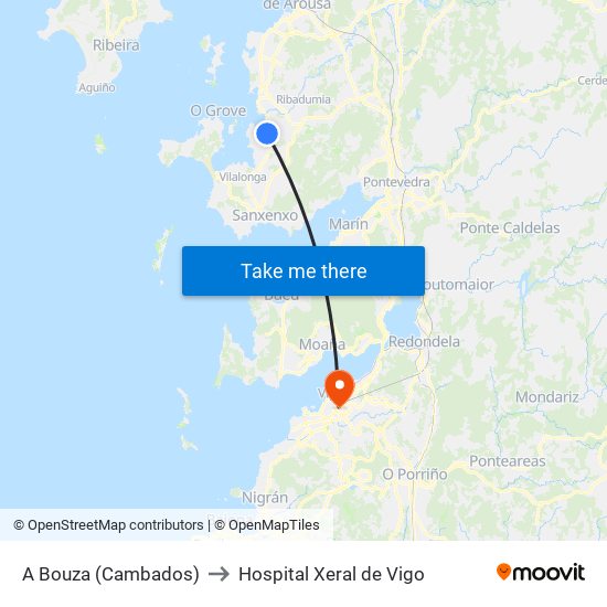 A Bouza (Cambados) to Hospital Xeral de Vigo map