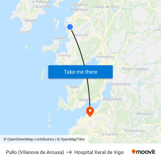 Pullo (Vilanova de Arousa) to Hospital Xeral de Vigo map