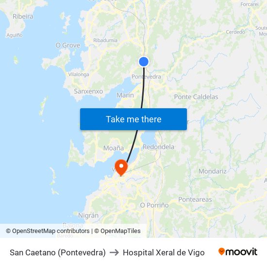 San Caetano (Pontevedra) to Hospital Xeral de Vigo map