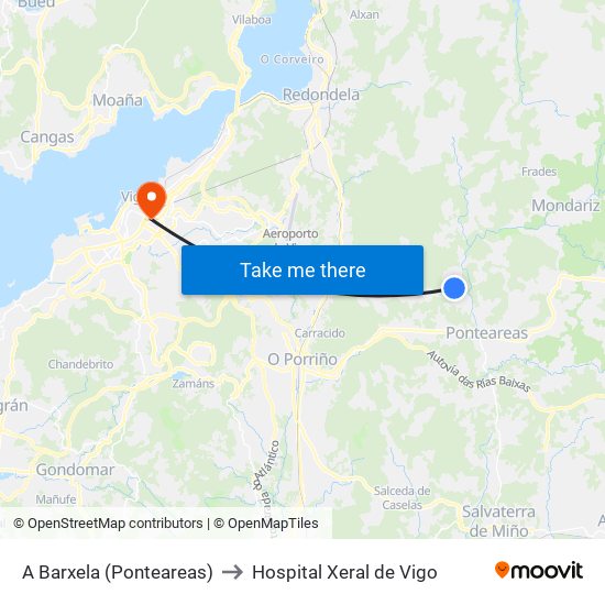 A Barxela (Ponteareas) to Hospital Xeral de Vigo map