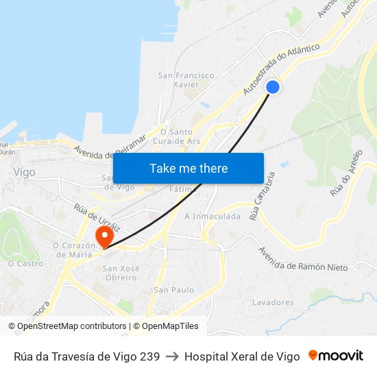 Rúa da Travesía de Vigo 239 to Hospital Xeral de Vigo map