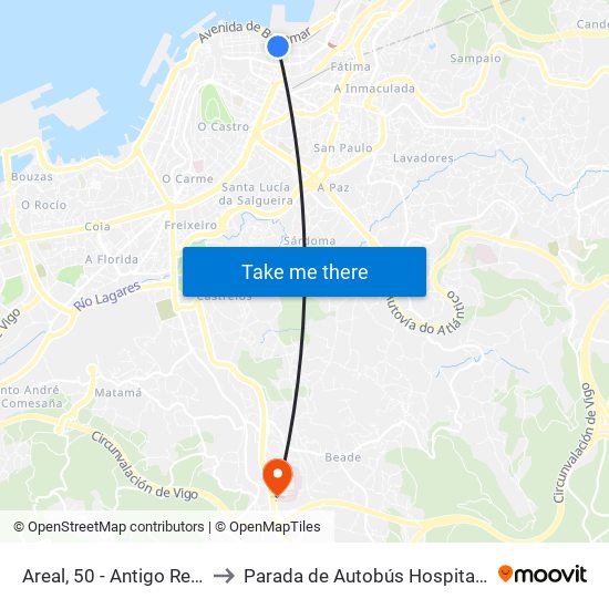 Areal, 50 - Antigo Reitorado (Vigo) to Parada de Autobús Hospital Álvaro Cunqueiro map