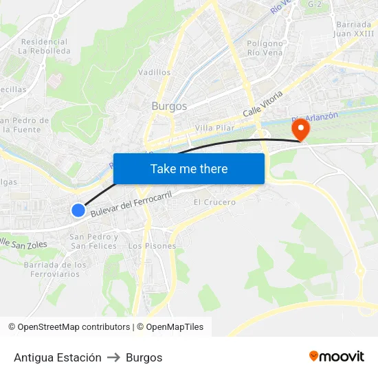 Antigua Estación to Burgos map