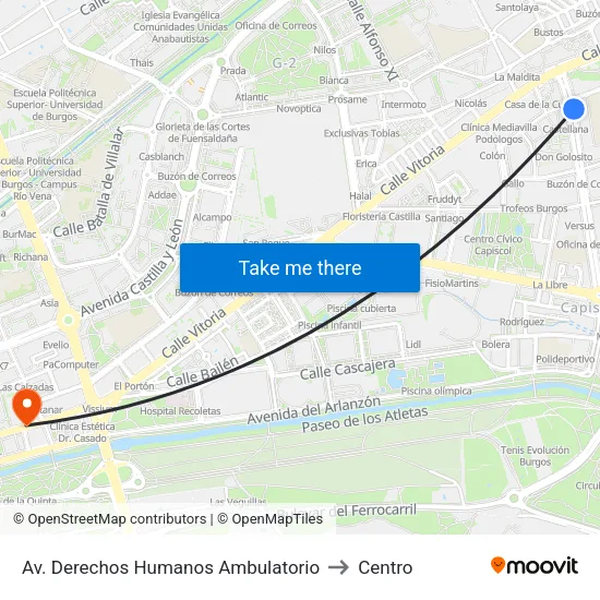 Av. Derechos Humanos Ambulatorio to Centro map