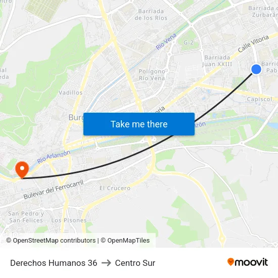 Derechos Humanos 36 to Centro Sur map