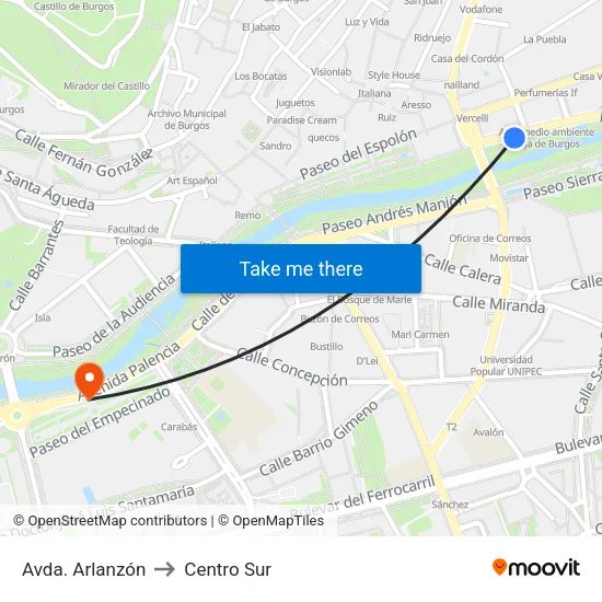 Avda. Arlanzón to Centro Sur map