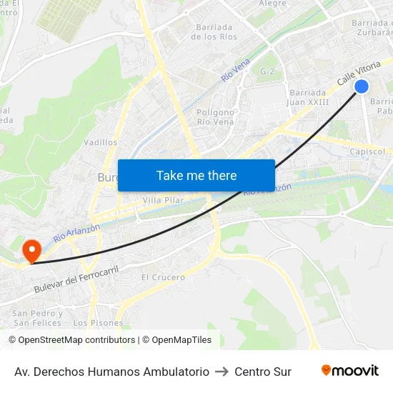 Av. Derechos Humanos Ambulatorio to Centro Sur map